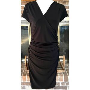 Jennifer Lopez Black V-Neck Ruched Side Embellished Dress Women’s Size M Stretch